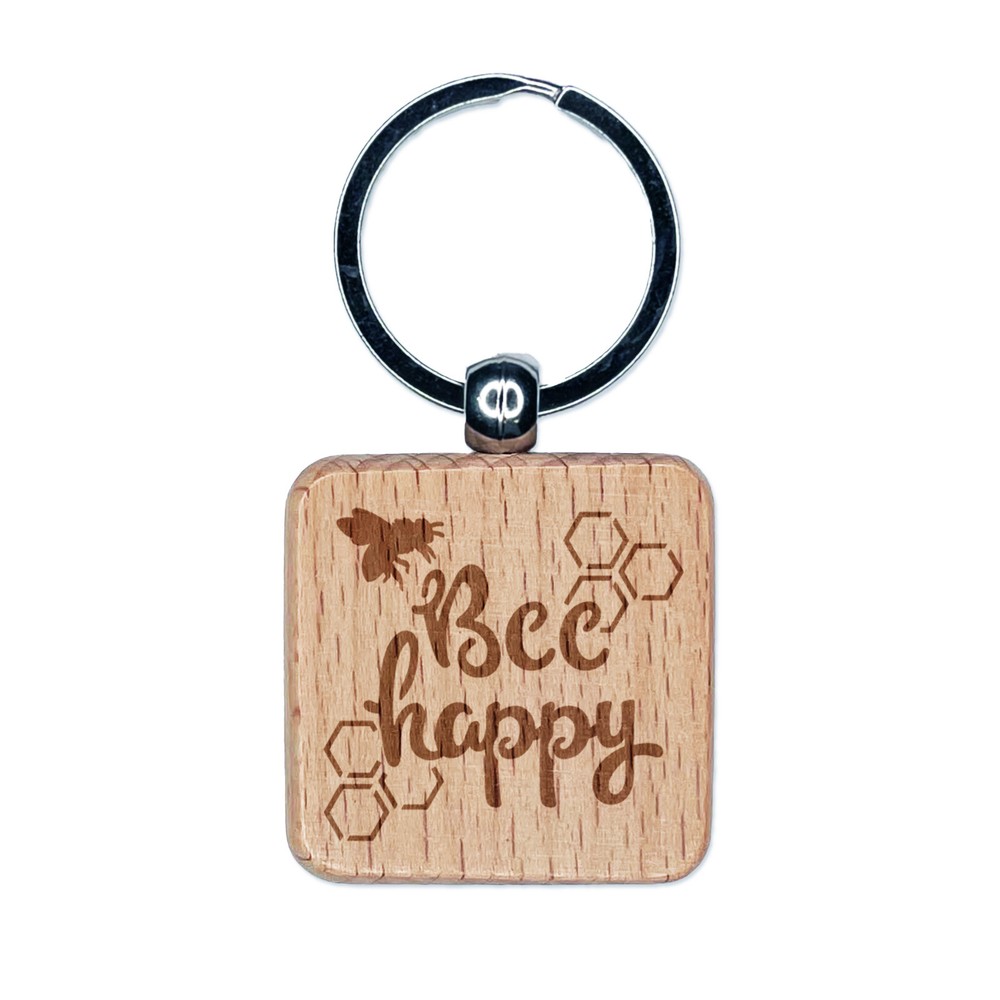 Bee Be Happy Honeycomb Engraved Wood Square Keychain Tag Charm
