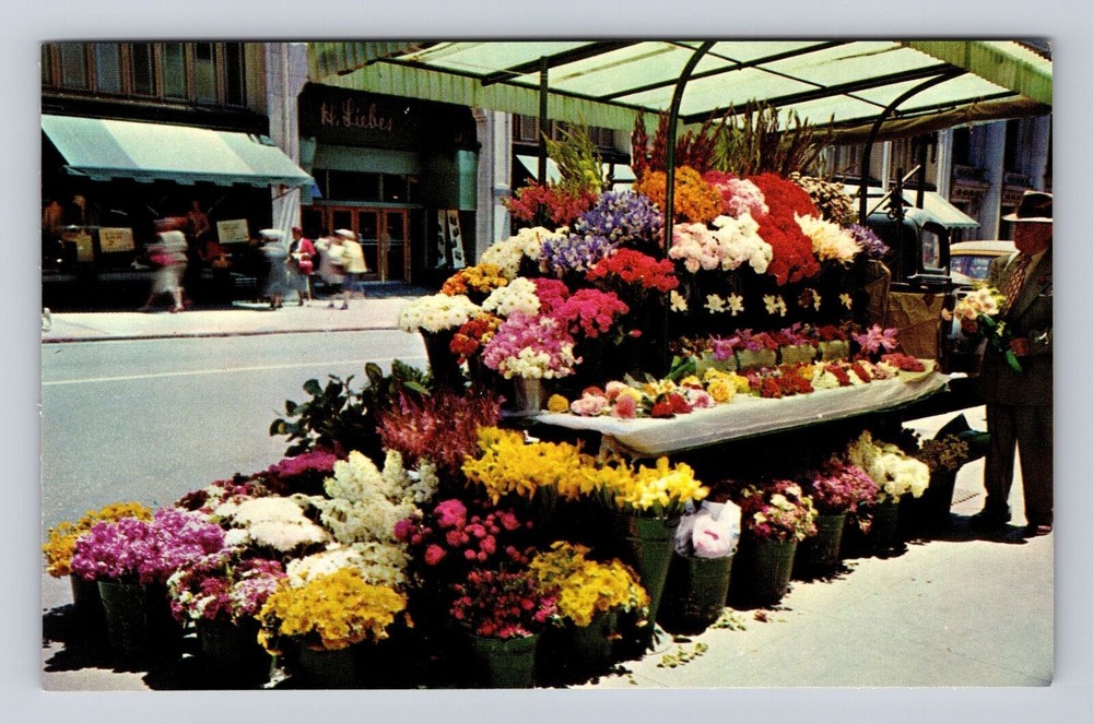 San Francisco CA-California, Sidewalk Flower Stands, Antique Vintage Postcard