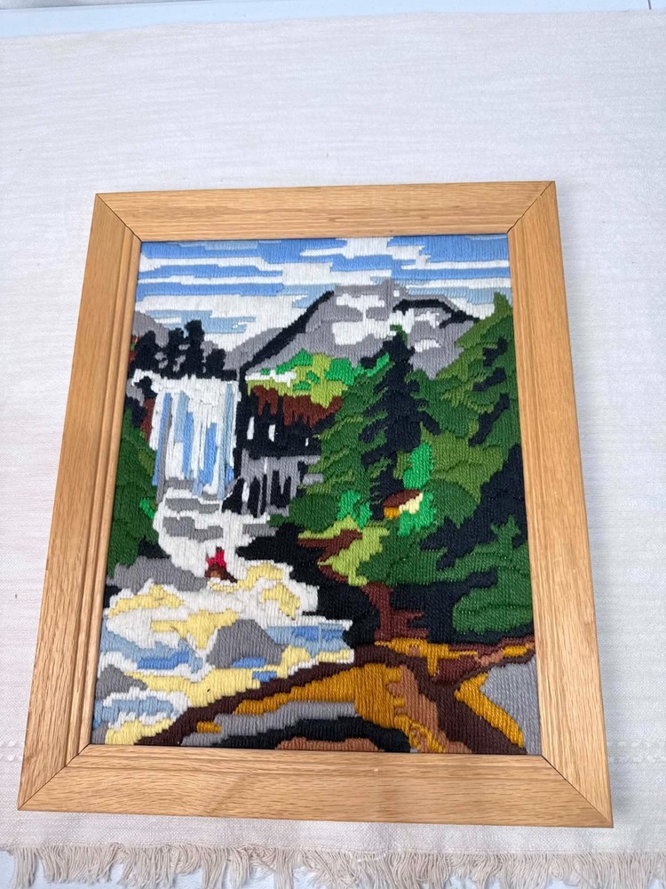 Vintage Framed Needlepoint Waterfall Mountain Landscape Wall Art Cabin Lodge