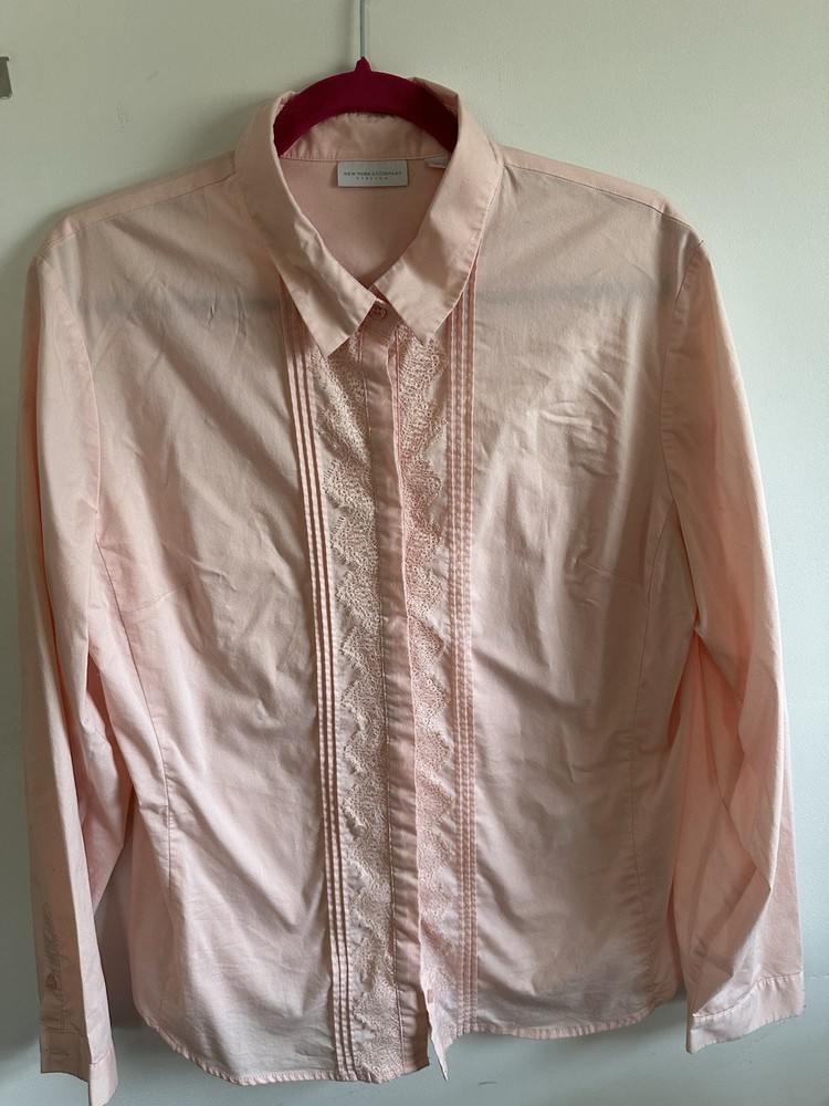 New York & Company Pink Stretch Cotton Lace Button-Up Shirt XL Long Sleeve