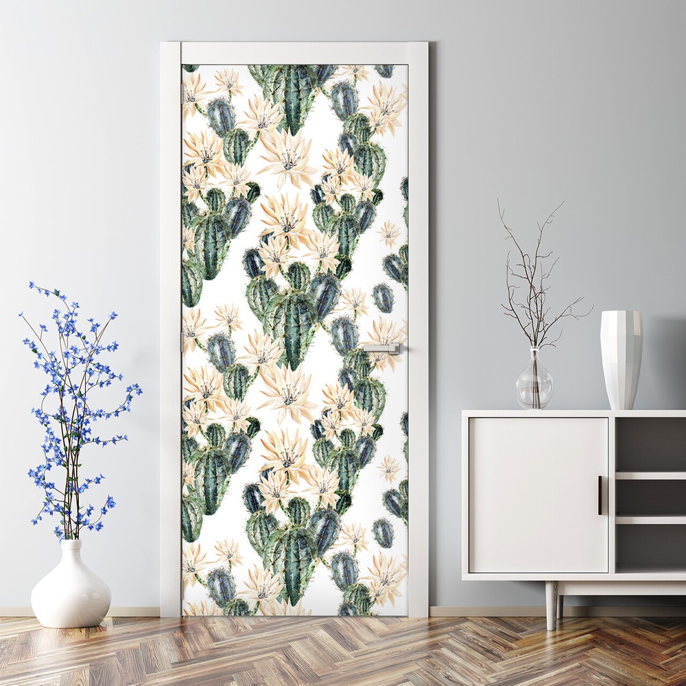 Cactus Flowers Bubble Free Tropical Flowers Pattern Repositionable Door Decal
