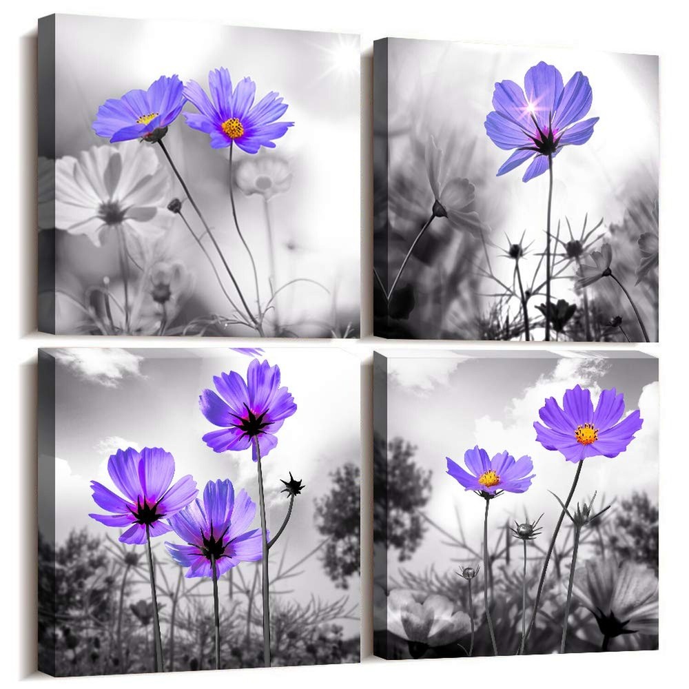 wall art for living room Black and White purple flower Big Canvas Prints Wall...