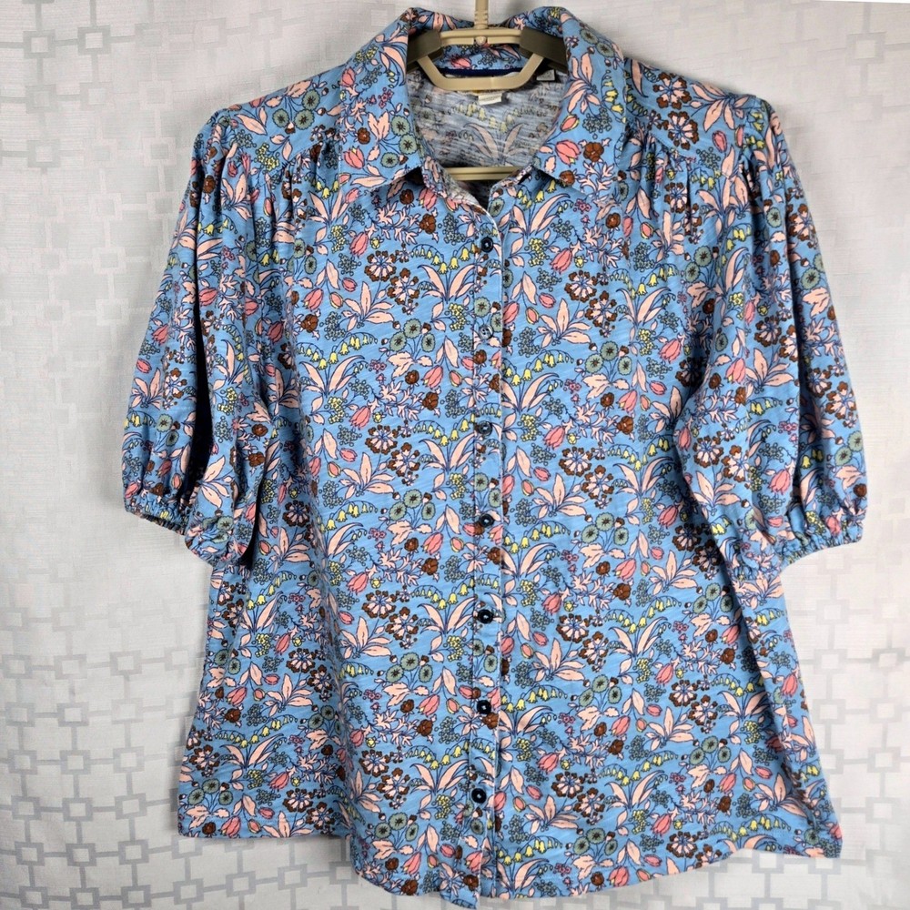 Boden Blue Floral Cotton Slub Jersey Puff Sleeve Button Front Top US 8