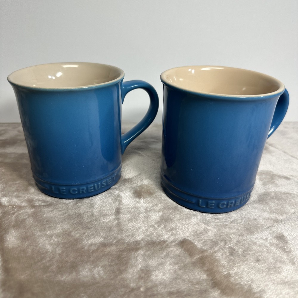 Le Creuset Coffee Tea Mug Gray Ceramic 4” Sky Blue Set Of (2)