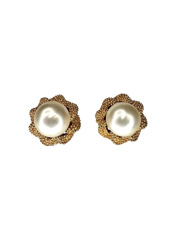 Panetta Gold Tone Faux Pearl Clip On Earrings 1980s Vintage