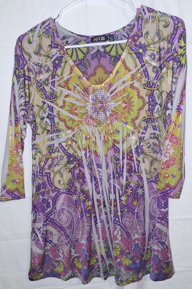 APT 9 Y2K Boho Tunic Petite XL Embellished Fringe Sheer Festival Hippie Top