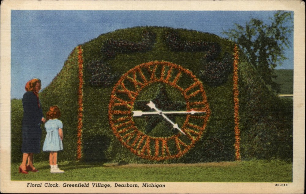 Michigan Dearborn Greenfield Village Floral Clock  1930s linen postcard  ~ s9497