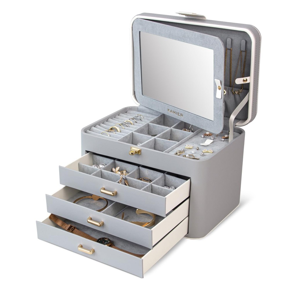 Jewelry Organizer for Women, 4 Layer Jewelry Box with Mirror, 3 Drawers, Larg...