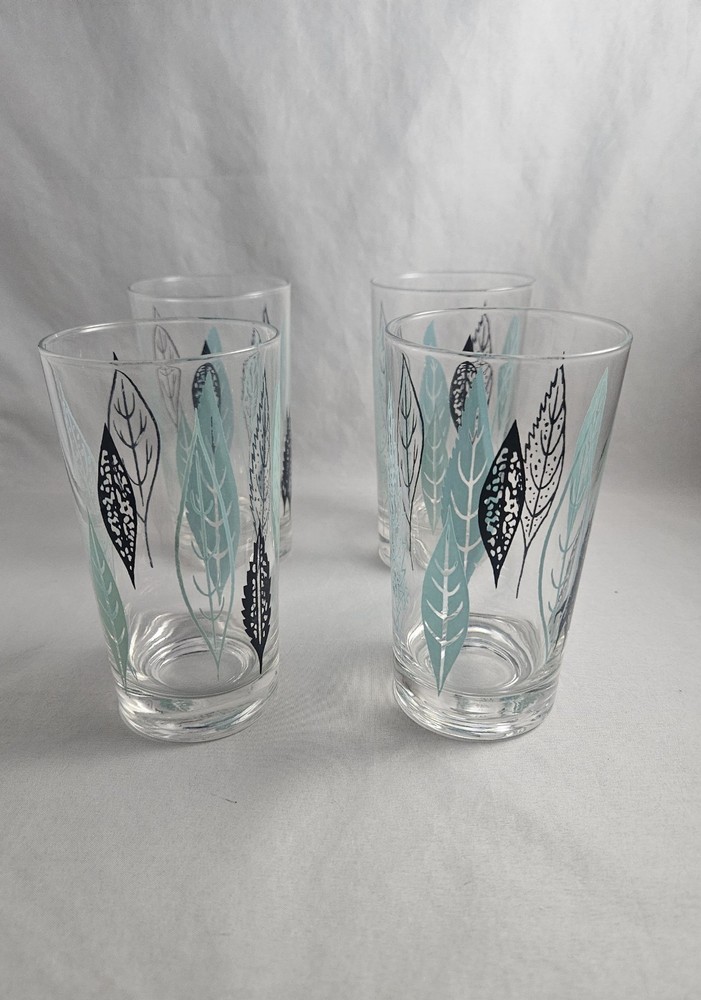 Four (4) Federal Glass Mid-Century Turquoise & Black Leaves Glasses. MCM Barware