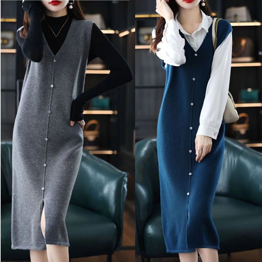 Women Slit Knitted Pullover Top Sleeveless Midi V-neck Dress Long Sweater Vest