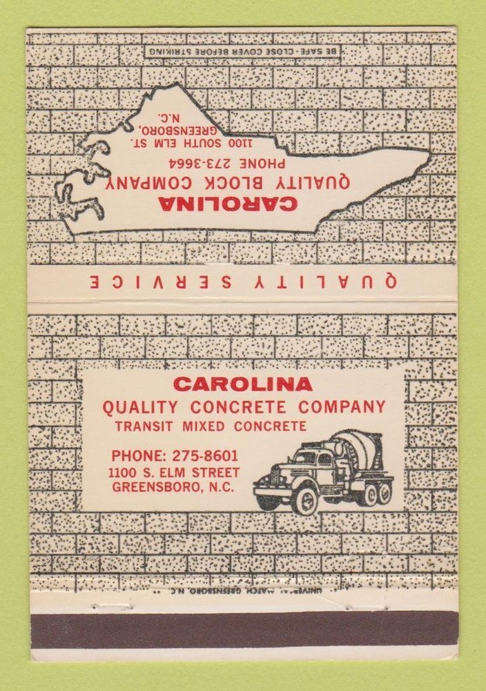 Matchbook Cover - Carolina Quality Block Greensboro NC Concrete 40 Strike
