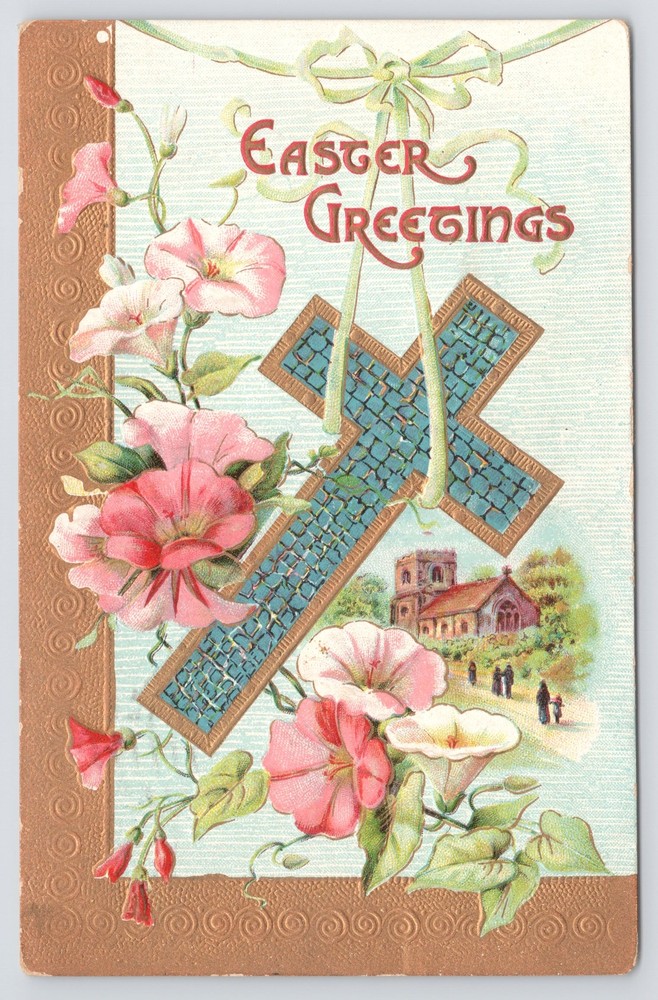 Easter Greeting~Gold & Blue Cross Hangs From Ribbon~Pink & White Flowers~PM 1910