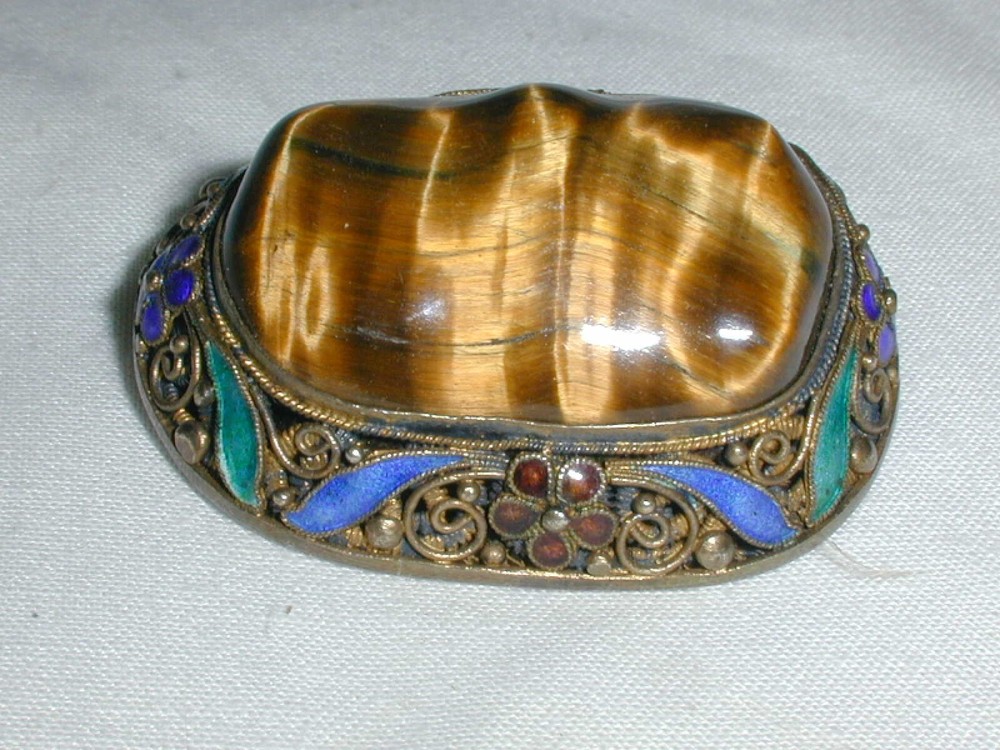 Stunning~ Iridescent Tiger's Eye Gilt Set Silver Enamel Chinese Export Brooch!
