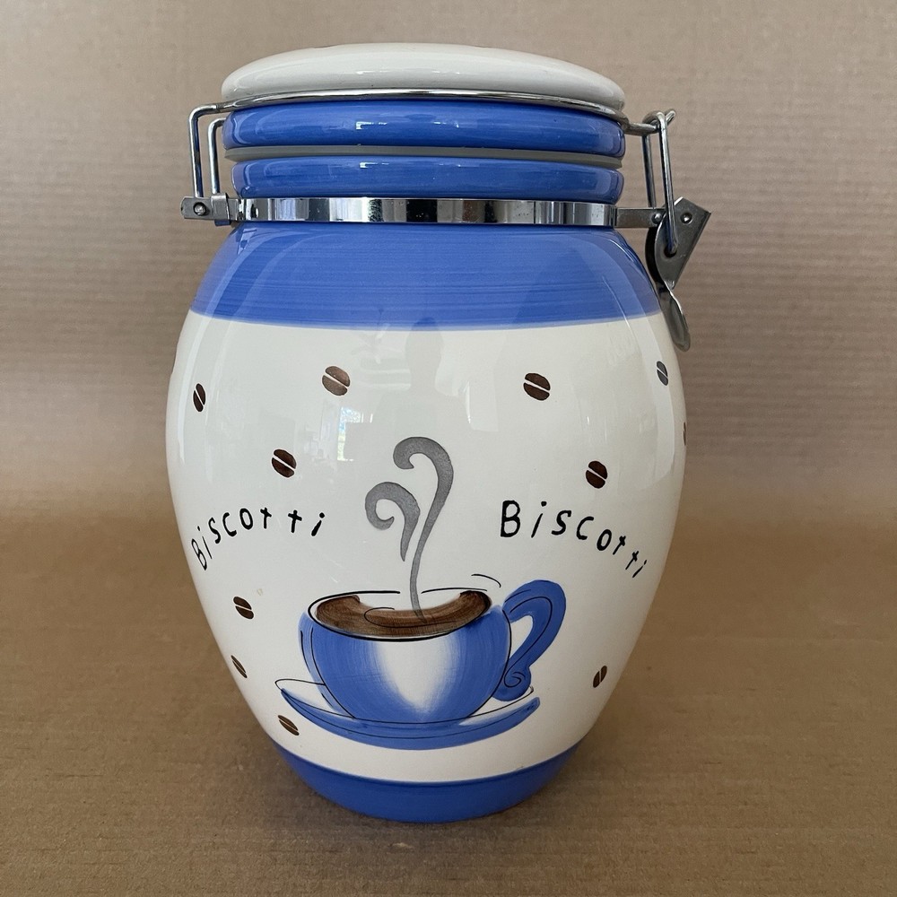 Ceramic Nonni's Biscotti Cookie Jar With Clamp Lid Coffee Design Canister