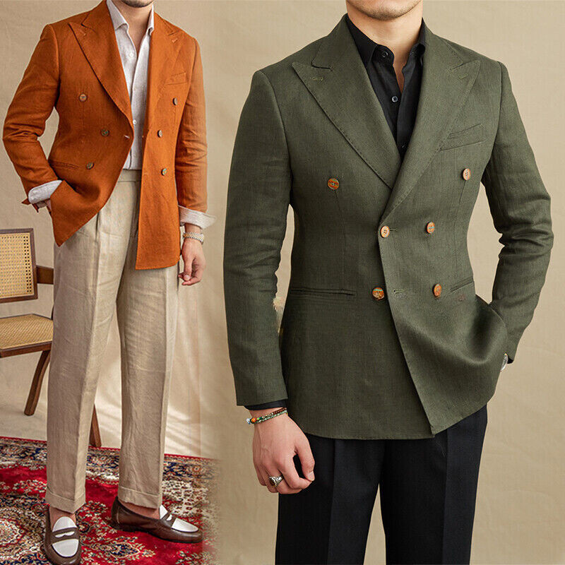 100% Linen Mens Peak Lapel Blazer Double Breasted Coat Suit Jacket Formal Casual