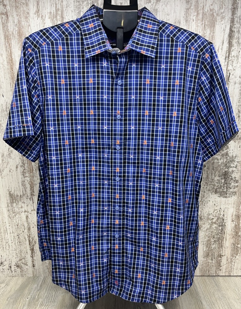 Robert Graham Men's XL Blue Check Fire & Flint Print Casual Short Sleeve Shirt