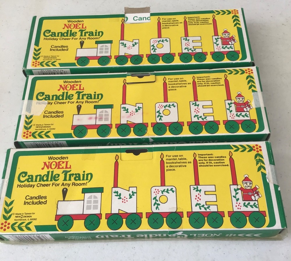 Set of 3 - Noel Wooden Candle Train Vintage Original Pkg Christmas Decor