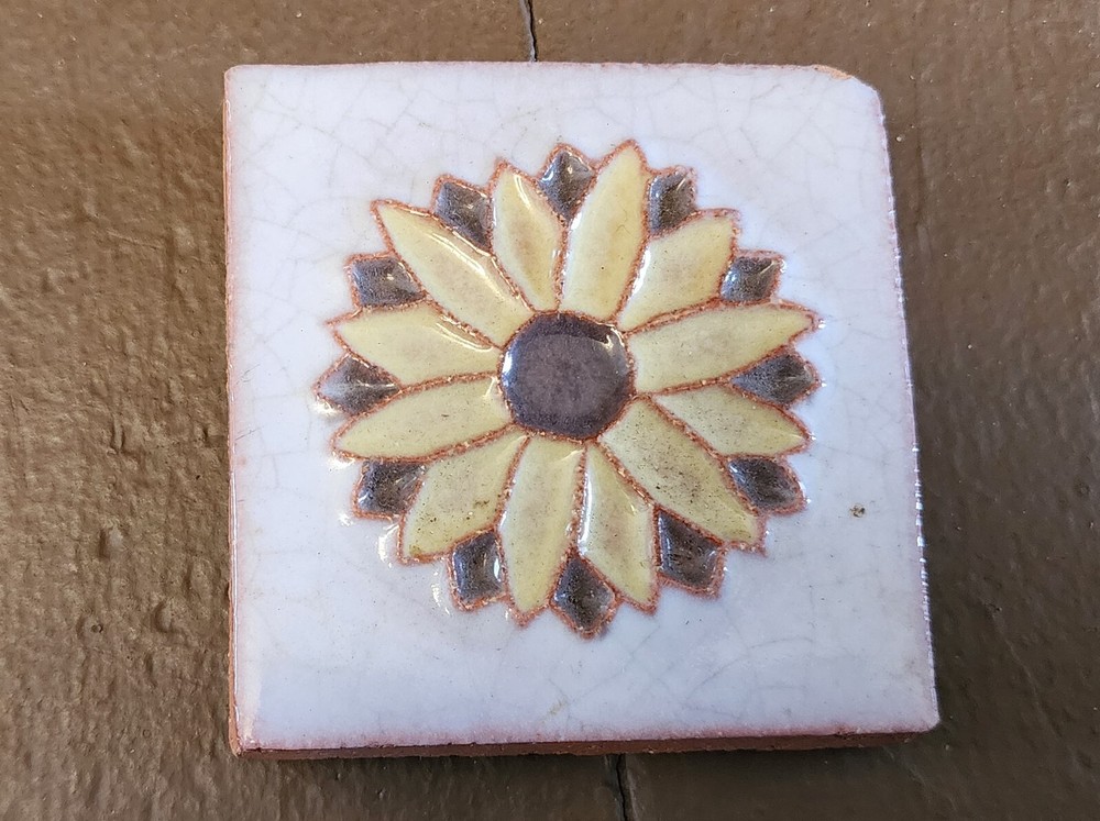 Vintage 3 Inch Square Clay Tile Paperweight Sunflower FLAW