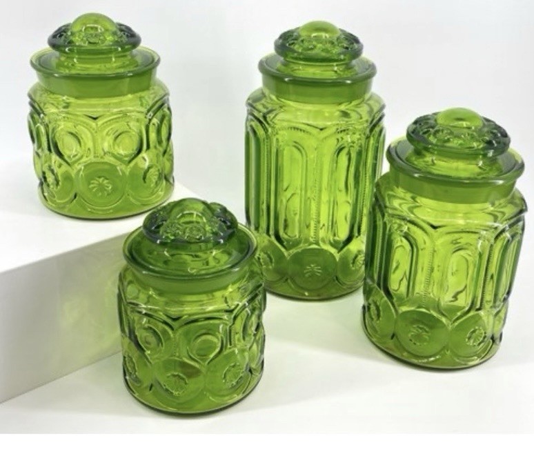Set of 4 Vintage LE Smith Green Moon & Stars Glass Kitchen Canister Set W/ Lids