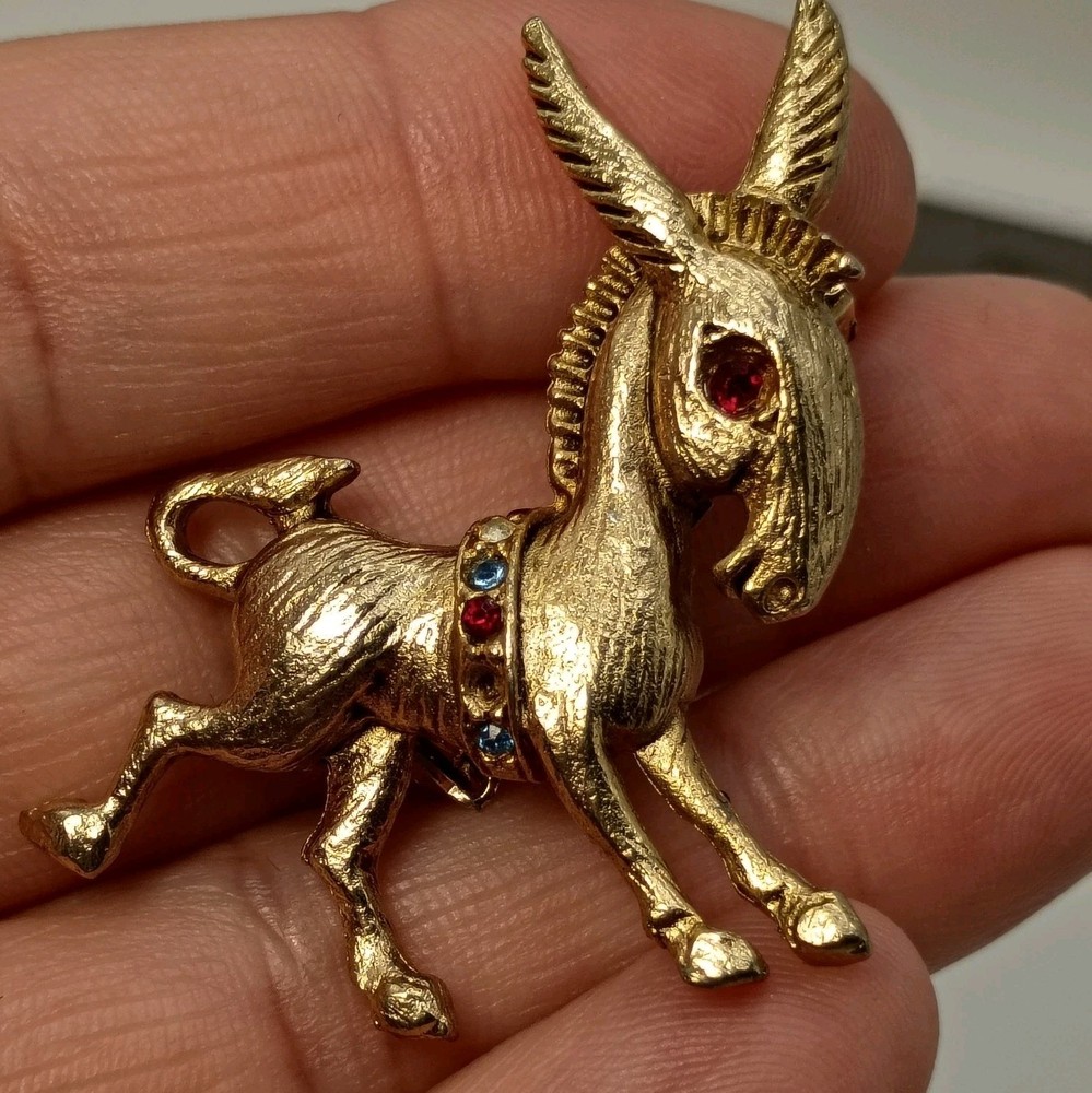 Vintage Donkey Brooch Gold Tone Multi Color Rhinestone READ