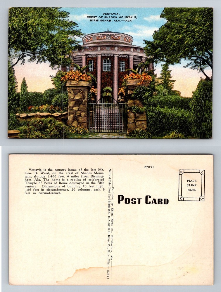 Birmingham, AL-Alabama Vestavia Crest of Shades Mountain Temple Vintage Postcard