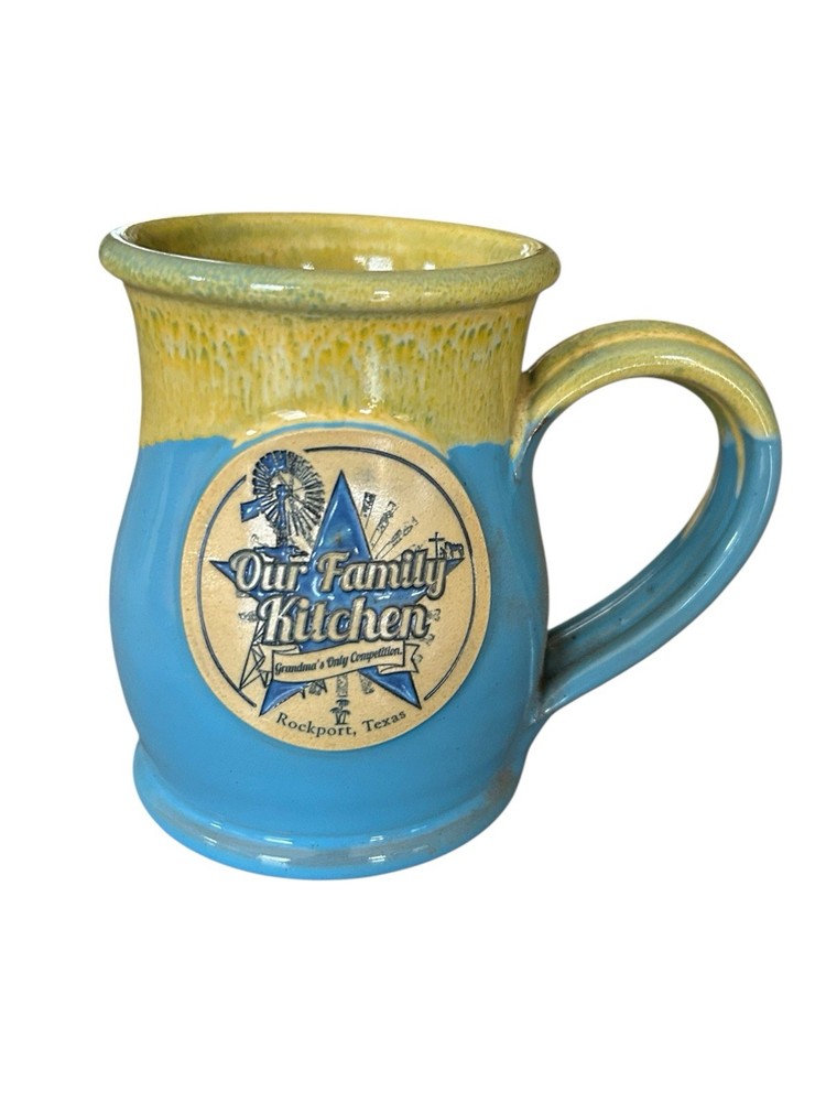 Deneen Pottery Mug” Our Family’s Kitchen”Rockport Texas Yellow & Blue