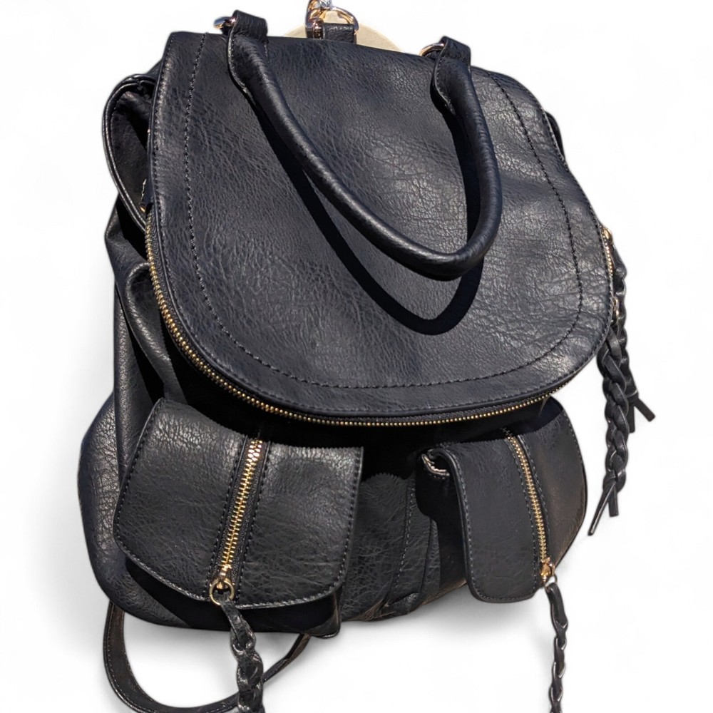 Sole Society Emery Backpack BLACK Vegan Faux Leather Zippers School Work Snap