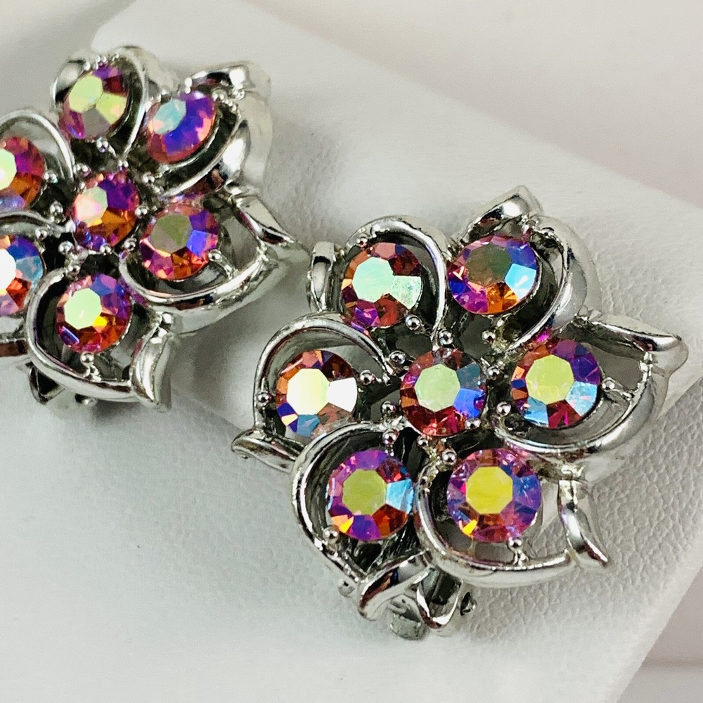 Vintage Pink Aurora Borealis AB Rhinestone Flower Silver Tone Clip on Earrings