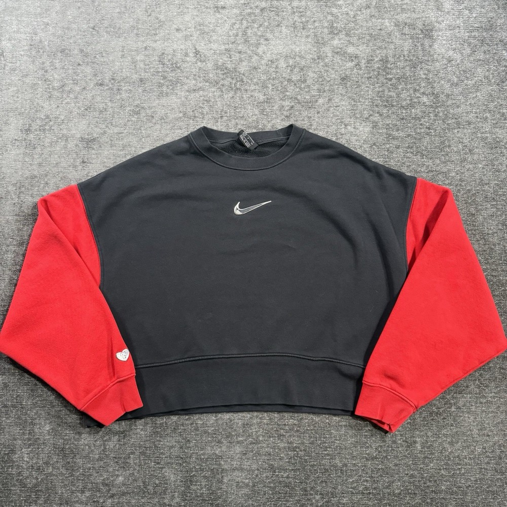 Nike Sweatshirt Womens Small Red Black Phoenix Fleece Crewneck Cropped Oversized