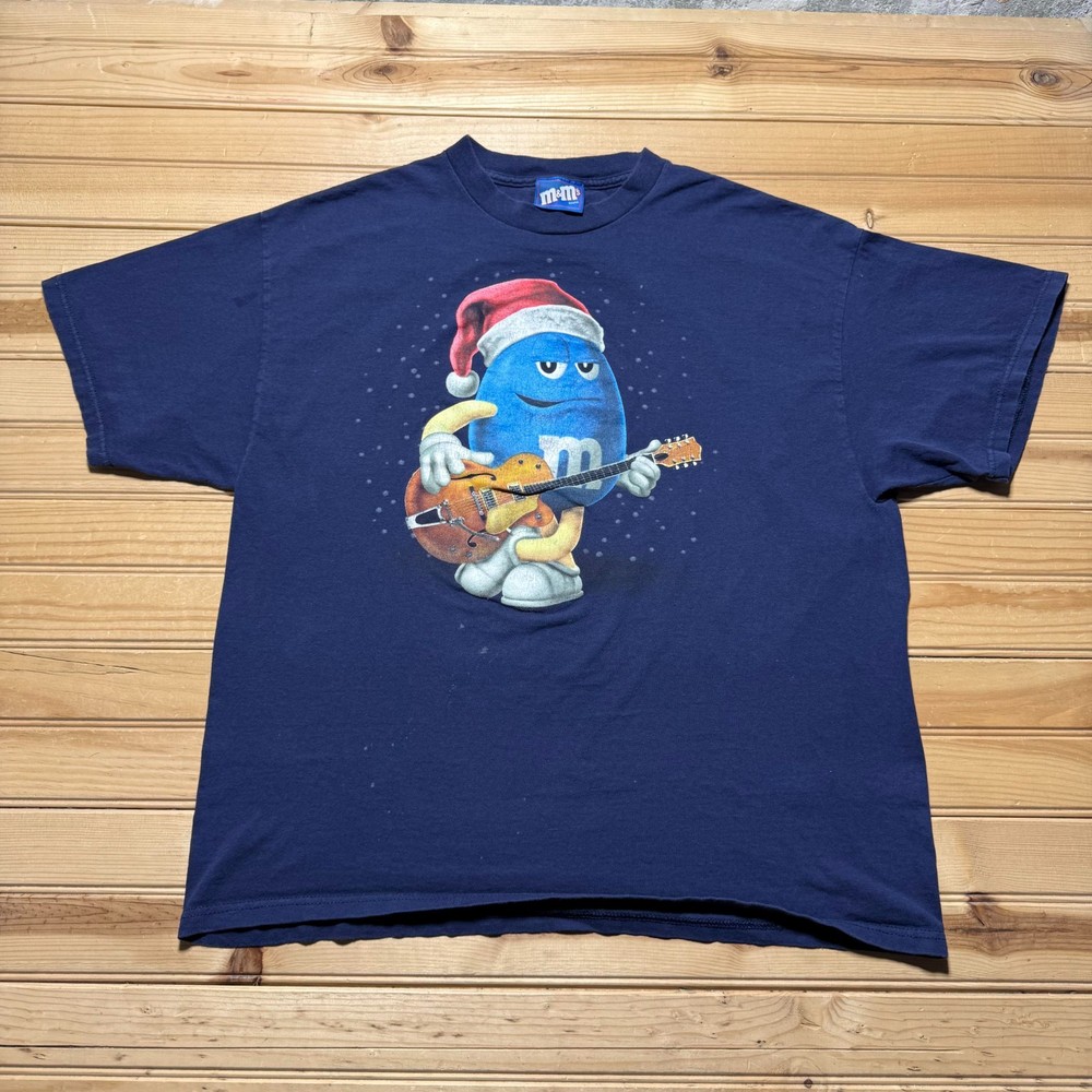 Vintage 90s M&M's Blue Character Santa Hat Electric Guitar Christmas T-Shirt XL