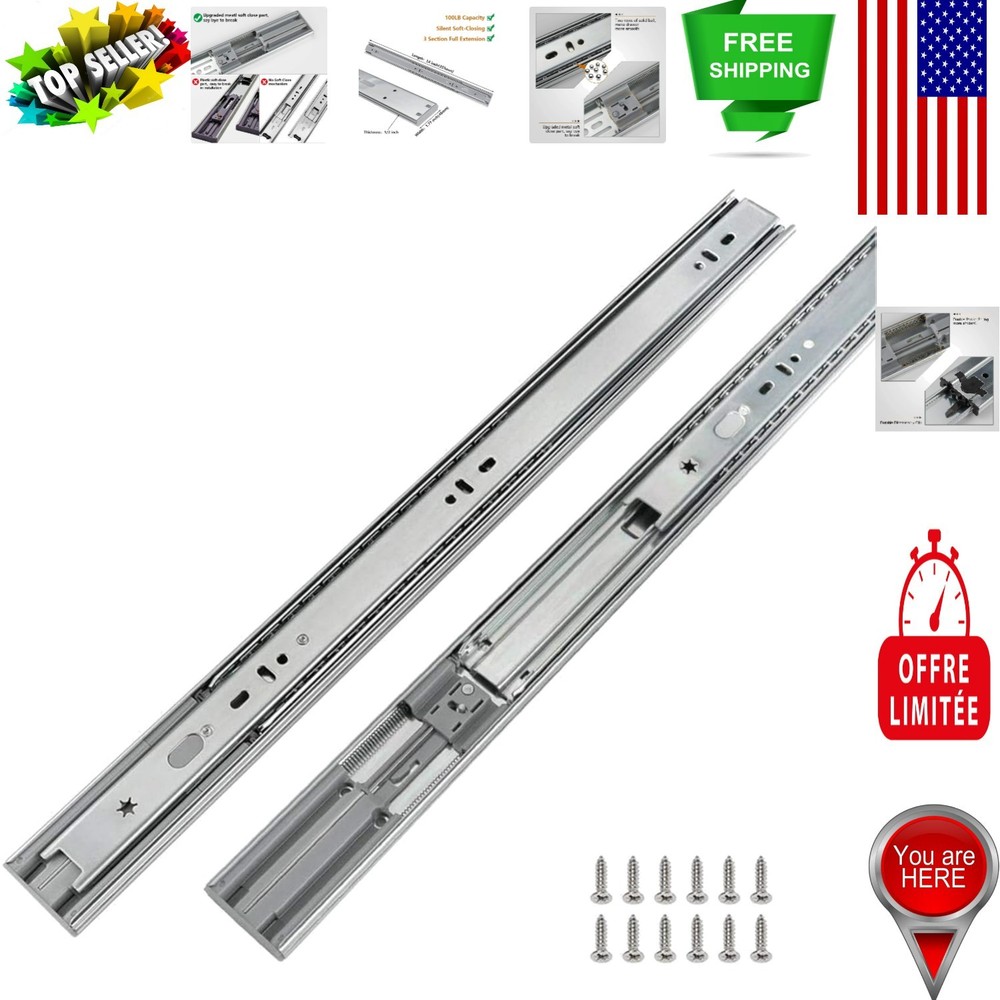 Durable 14-Inch Soft Close Drawer Slides, 100 LB Capacity - 2 Pairs Included