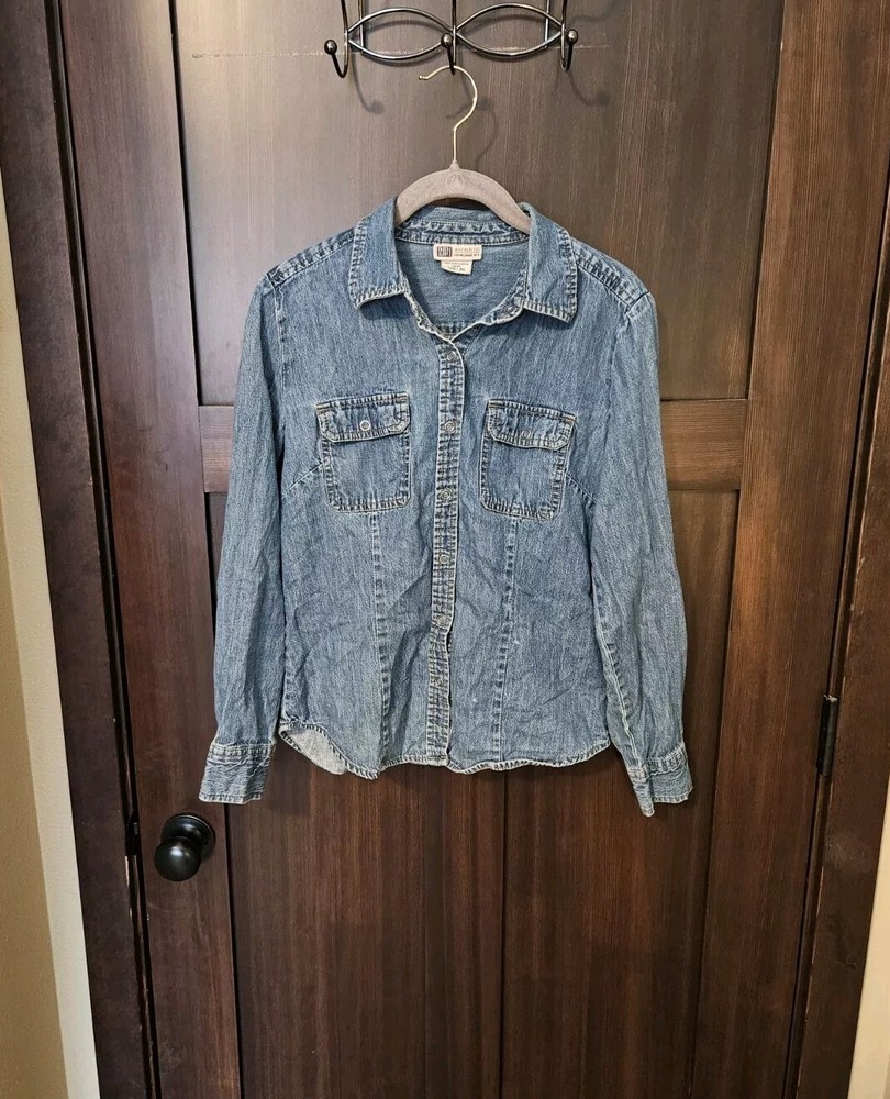 Vintage Grunge 90s Women's Blue Denim Jean Snap Front Shirt Size Small