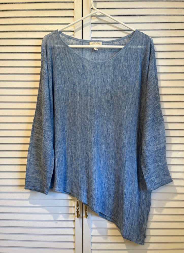 EILEEN FISHER Linen Blue Asymmetric Hem Long Sleeve Knit Top sz.L