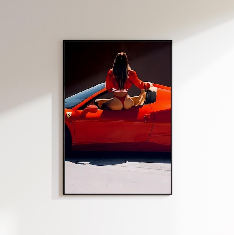 Vintage Ferrari Woman Car Poster Wall Art Decor