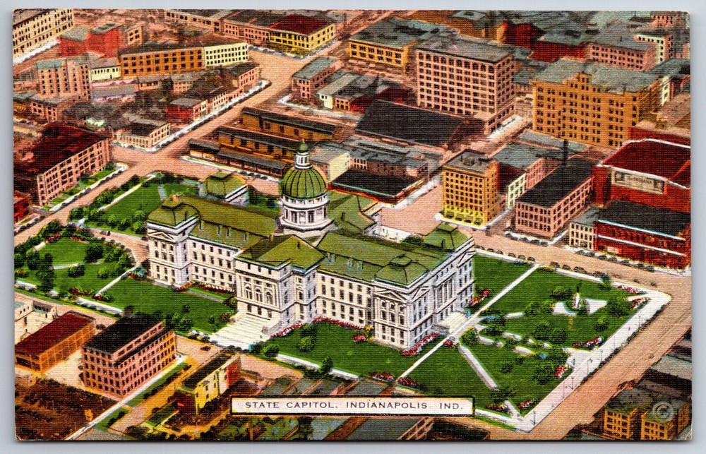 Indianapolis Indiana~State Capitol Bldg Aerial View~EC Kropp Vtg Linen Postcard