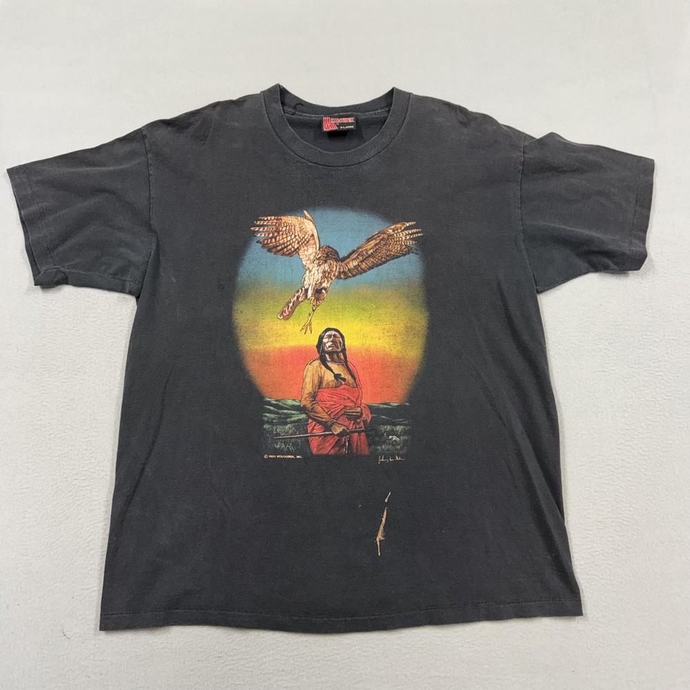 Vintage Holoubek Shirt Mens XL Black Native American Eagle Graphic Tee 1991