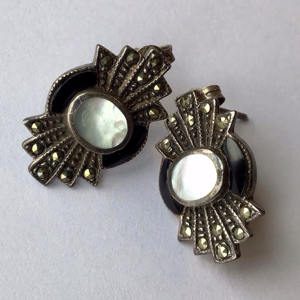 Vintage Sterling Silver Mother Of Pearl Black Onxy & Marcasite Earrings