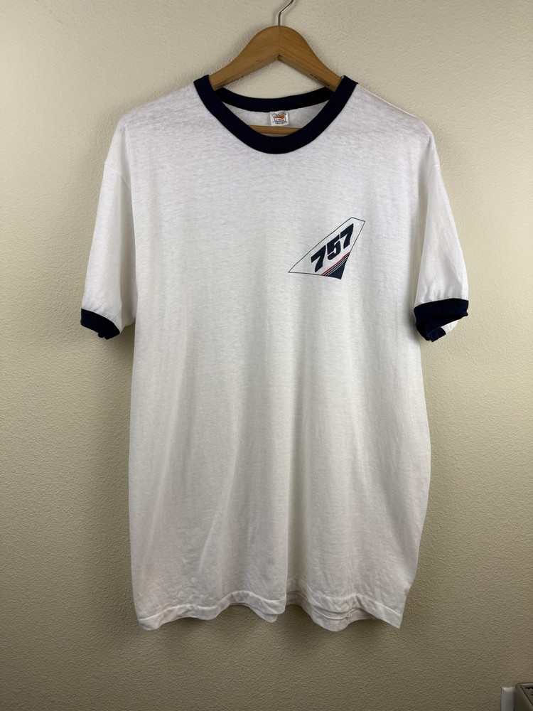 Vintage 80s Boeing 757 Airplane Shirt Mens Large White Graphic Hanes Ringer USA