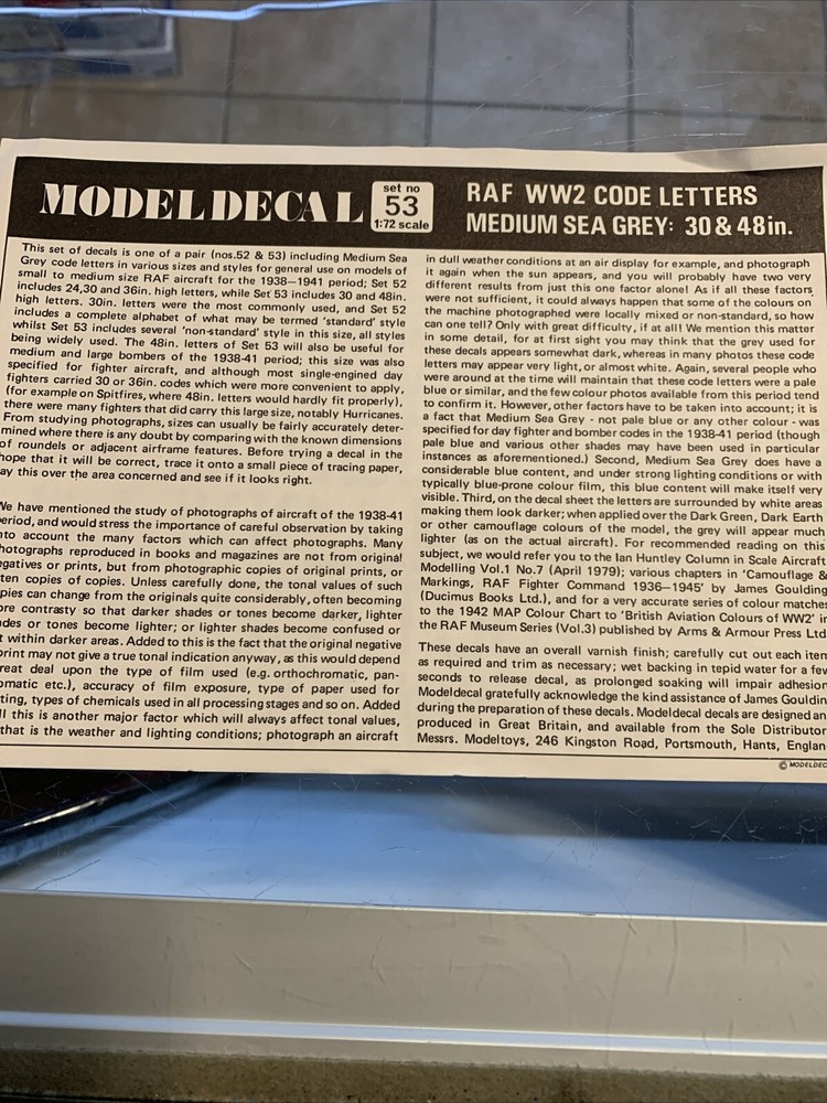1/72 Model Decal #53 RAF WW2 Code Medium Sea Grey Letters 30,48in. KH