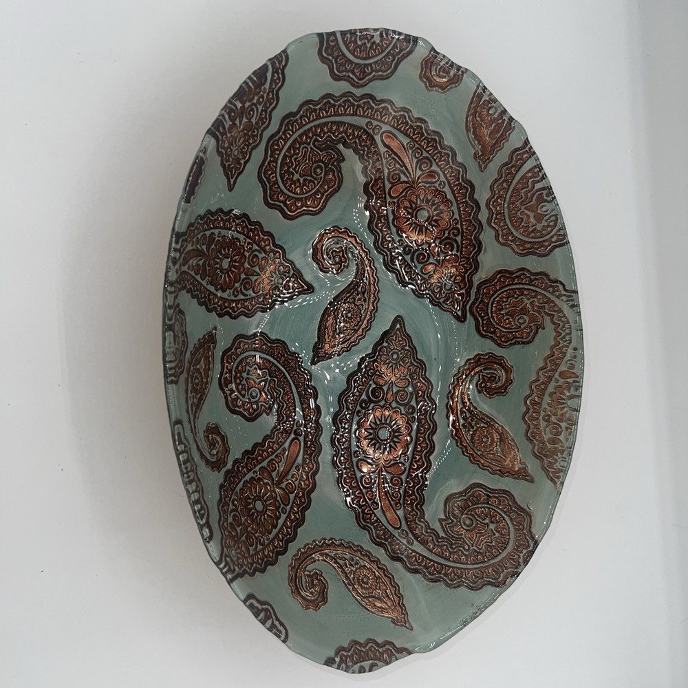 Handmade Turkish Art Glass Paisley Serving Bowl in Green and Bronze