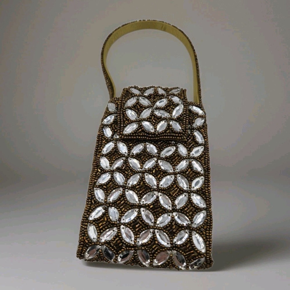 Vintage Gold Beaded Crystal Embellished Clutch Evening Bag  Formal Mini Purse