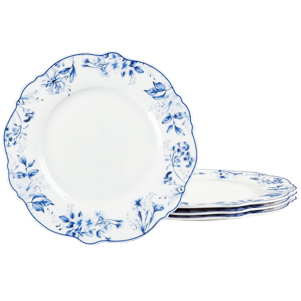 fanquare 8 Inch Blue Floral Porcelain Dessert Plates Set of 4, Scalloped Cera...