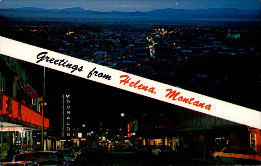 Greetings from Helena Montana two views cars ~ 1950-60s vintage postcard