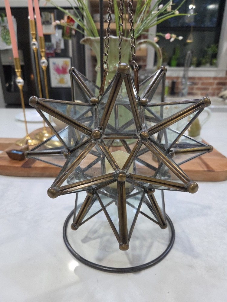 Vintage Moravian Star Hanging Tea Light Lantern Candle Holder Glass Bronze Metal