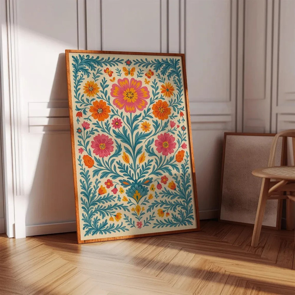Scandinavian Folk Art Floral Canvas Print Colorful Botanical Wall Decor