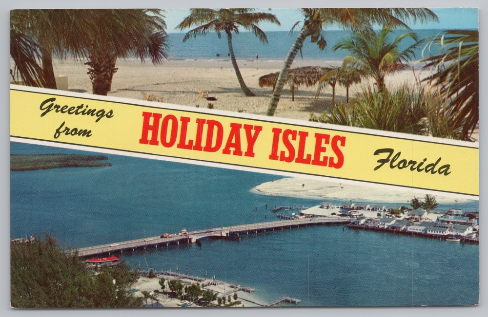 State View~Beach Scene & Air View of Pier Holiday Isles Florida~Vintage Postcard