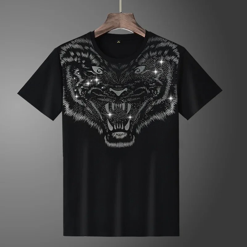 Men Trend Fashion Tiger Diamond Rhinestone Summer Short Sleeve Luxury T-Shirt