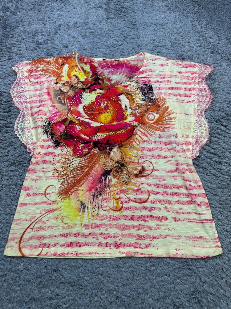 Style & Co Top Women Large Artsy Watercolor Floral Beaded Boho Fairy Pixie Shirt