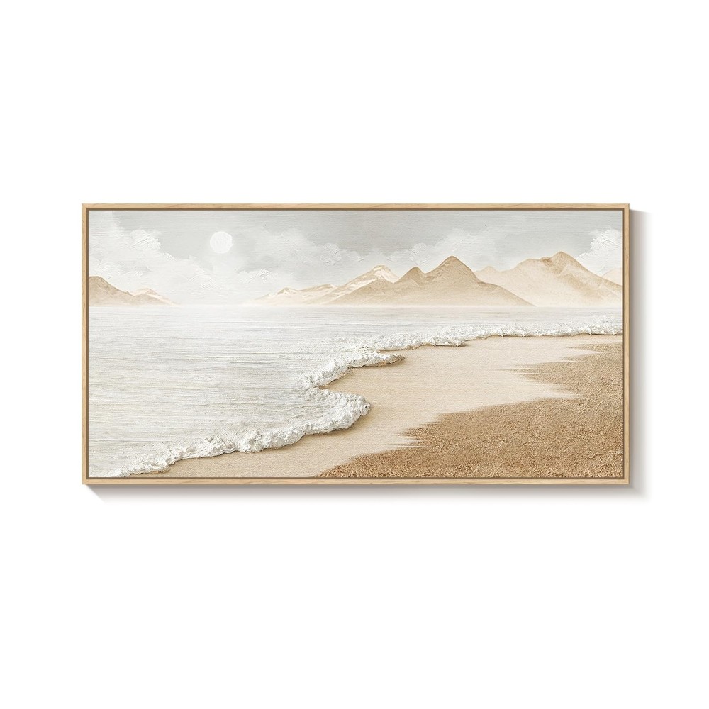 Framed Neutral Coastal Beach Wall Art for Living Room, Large Boho Ocean Canva...