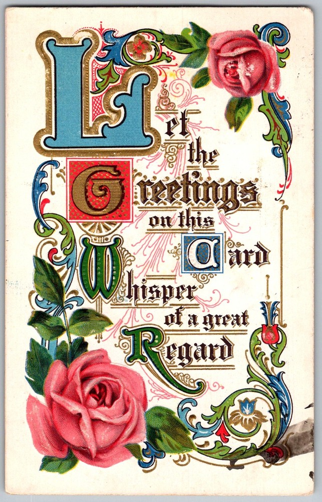 Antique Postcard Embossed Rose Greeting Van Meter, Iowa 1910s